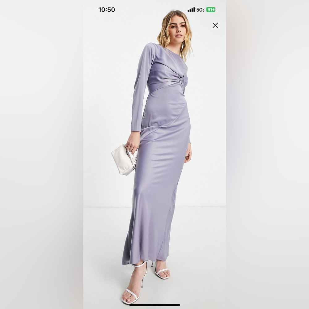 ASOS DESIGN twist front long sleeves satin maxi dress in lilac NWT